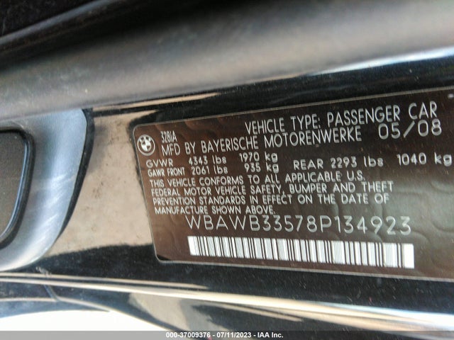 2008 BMW 3 SERIES 328I VIN: WBAWB33578P134923