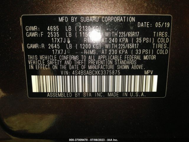 4S4BSABCXK3375875 Subaru Outback