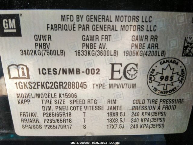 1GKS2FKC2GR288045 GMC Yukon Xl Sle