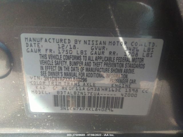 3N1CN7APXKL840296 Nissan Versa Sedan Sv