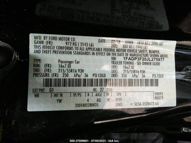 2018 FORD FOCUS SE VIN: 1FADP3F20JL275977
