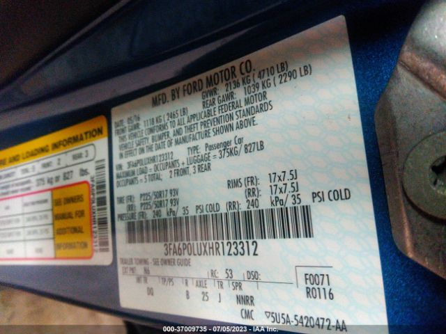 3FA6P0LUXHR123312 Ford Fusion Hybrid Se