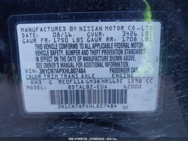 3N1CN7APXHL807484 Nissan Versa Sedan S/s Plus/sl/sv