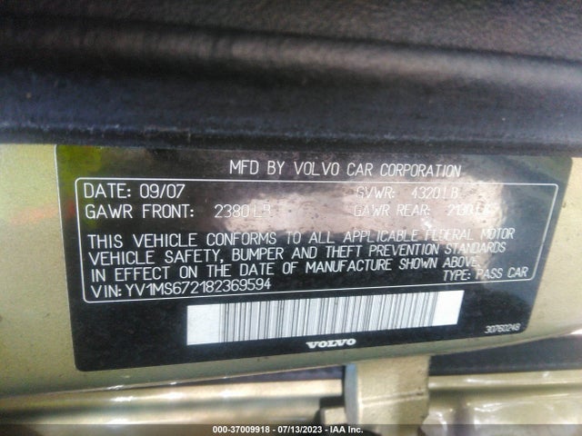 2008 VOLVO S40 2.5T VIN: YV1MS672182369594