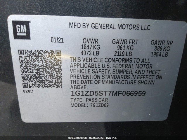 2021 CHEVROLET MALIBU LT VIN: 1G1ZD5ST7MF066959