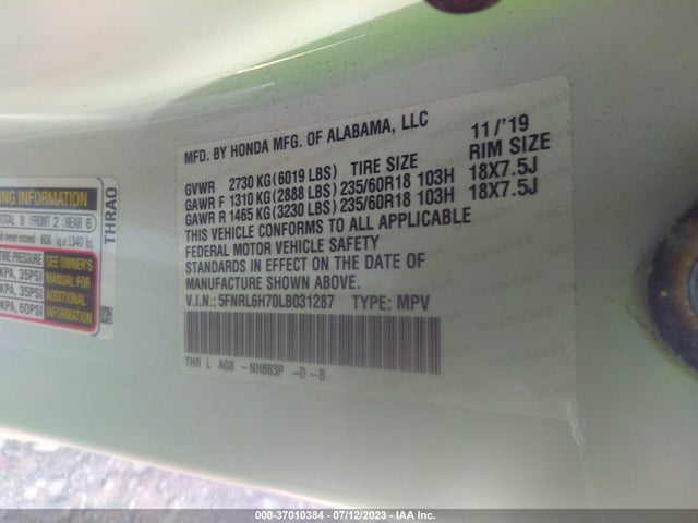 Honda Odyssey Ex-l 2020 5FNRL6H70LB031287 Image 9