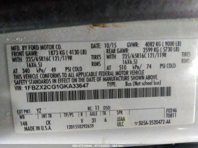 1FBZX2CG1GKA33647 Ford Transit Wagon Xl/xlt