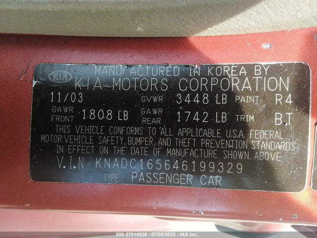 2004 KIA RIO VIN: KNADC165646199329