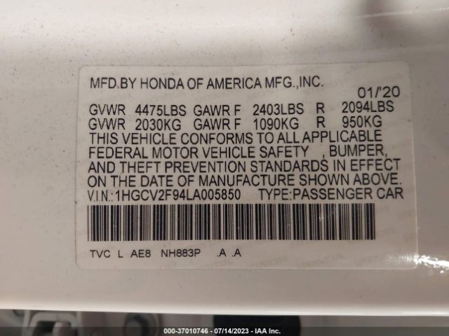1HGCV2F94LA005850 Honda Accord Sedan Touring