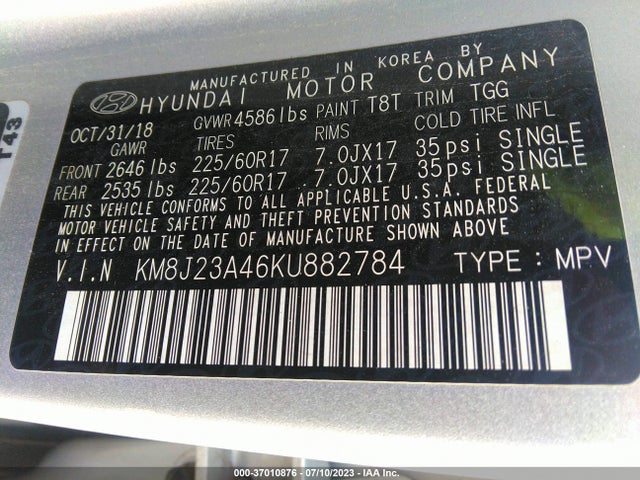 2019 HYUNDAI TUCSON SE VIN: KM8J23A46KU882784