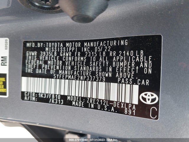 Toyota COROLLA LE 2022 5YFEPMAE2NP337379 Image 16
