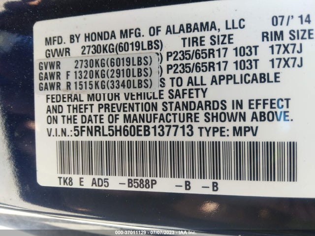 2014 HONDA ODYSSEY EX-L VIN: 5FNRL5H60EB137713