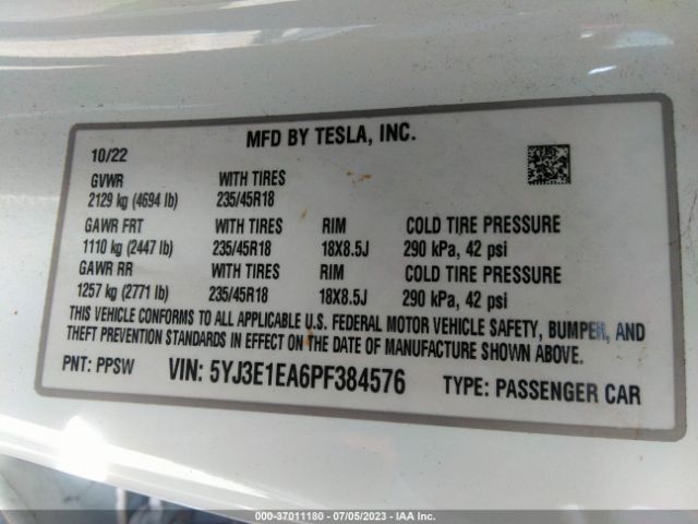 5YJ3E1EA6PF384576 Tesla MODEL 3