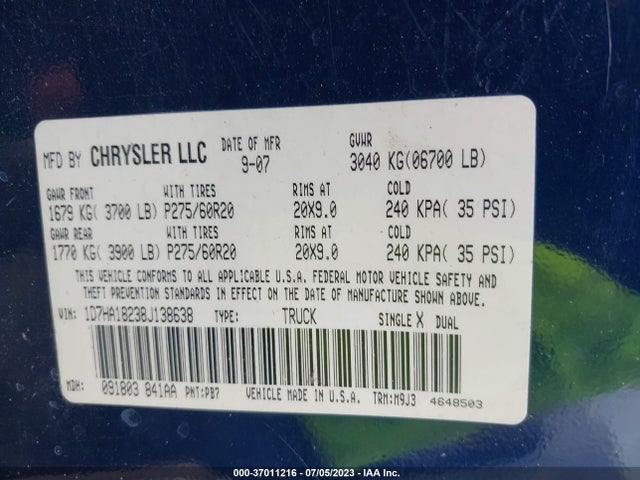 2008 DODGE RAM 1500 SLT VIN: 1D7HA18238J138638