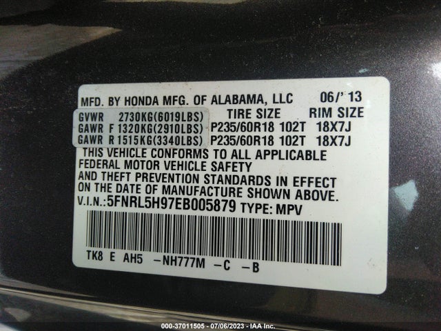Honda Odyssey Touring 2014 5FNRL5H97EB005879 Image 9