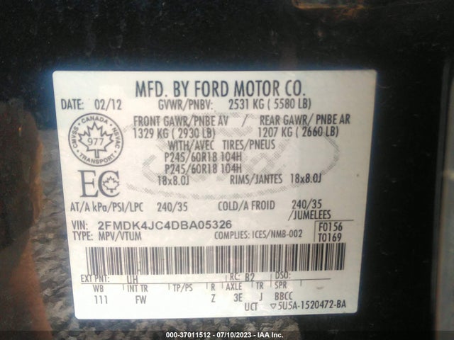 2013 FORD EDGE SEL VIN: 2FMDK4JC4DBA05326