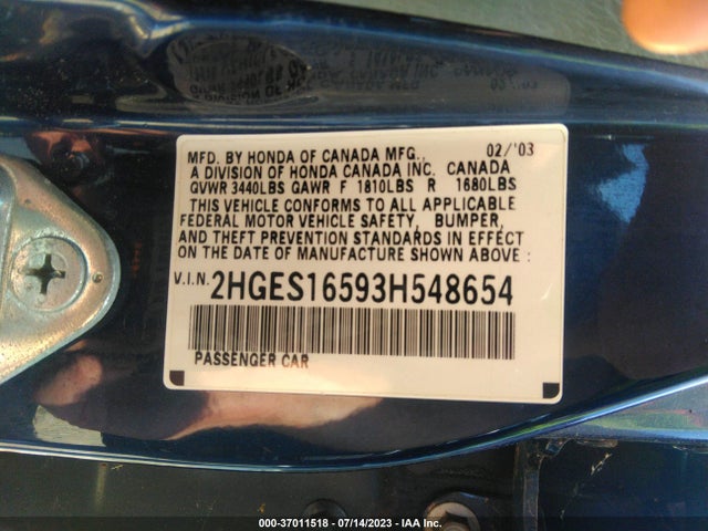 2003 HONDA CIVIC LX VIN: 2HGES16593H548654
