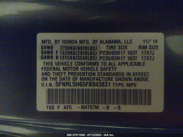 Honda Odyssey Ex-l 2015 5FNRL5H65FB043831 Image 9