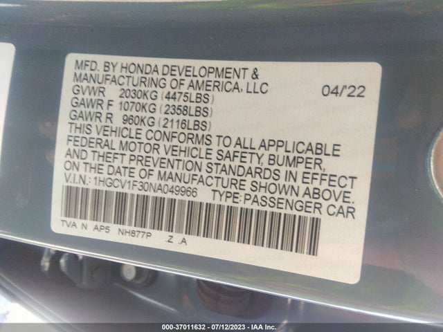 2022 HONDA ACCORD SEDAN SPORT VIN: 1HGCV1F30NA049966