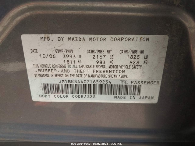 2007 MAZDA MAZDA3 S TOURING VIN: JM1BK344071659234