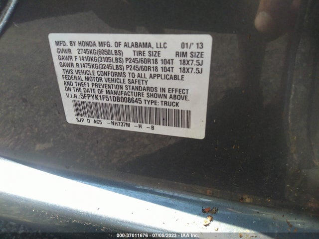 2013 HONDA RIDGELINE RTL VIN: 5FPYK1F51DB008645