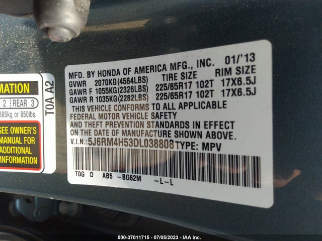2013 HONDA CR-V EX VIN: 5J6RM4H53DL038808