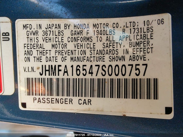 2007 HONDA CIVIC SDN LX VIN: JHMFA16547S000757