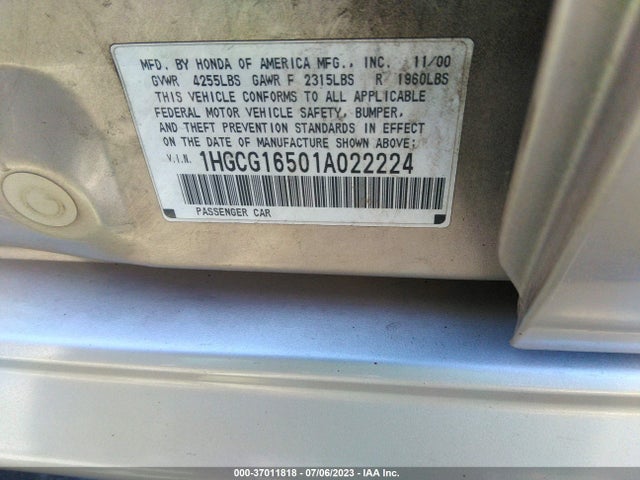 2001 HONDA ACCORD SDN EX W/LEATHER VIN: 1HGCG16501A022224