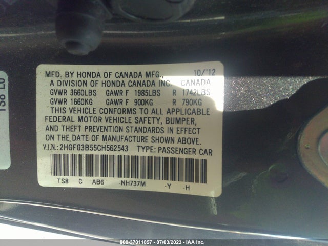 2012 HONDA CIVIC CPE LX VIN: 2HGFG3B55CH562543