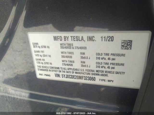 2021 Tesla Model X, VIN: 5YJXCDE20MF323060