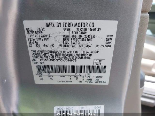 2012 FORD ESCAPE XLT VIN: 1FMCU9DG7CKC54676