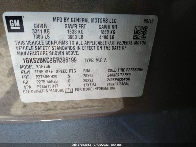 1GKS2BKC9GR396199 GMC YUKON SLT