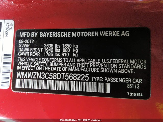 2013 MINI CONVERTIBLE WMWZN3C58DT568225 Photo 8