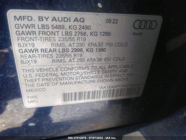 WA1EAAFYXN2125499 Audi Q5 S Line Premium Plus