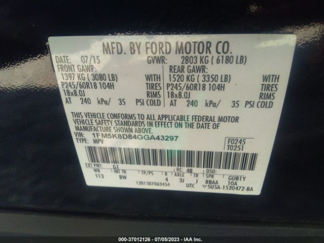 1FM5K8D84GGA43297 Ford EXPLORER XLT