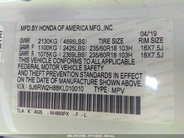 2019 HONDA CR-V EX-L VIN: 5J6RW2H88KL010010