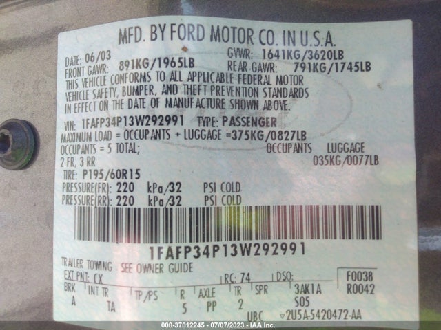 2003 FORD FOCUS SE VIN: 1FAFP34P13W292991