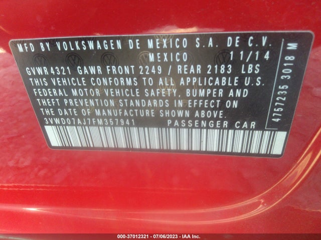 2015 VOLKSWAGEN JETTA SEDAN 1.8T SE W/CONNECTIVITY VIN: 3VWD07AJ7FM357941