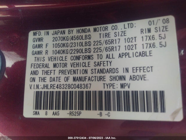 2008 HONDA CR-V LX VIN: JHLRE48328C048367