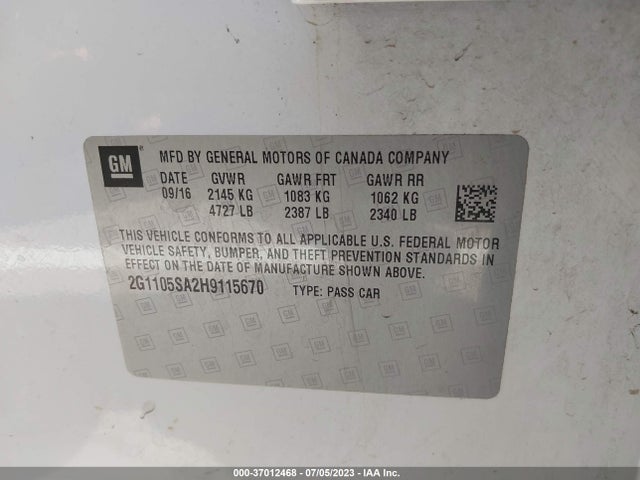 Chevrolet IMPALA LT 2017 2G1105SA2H9115670 Image 9