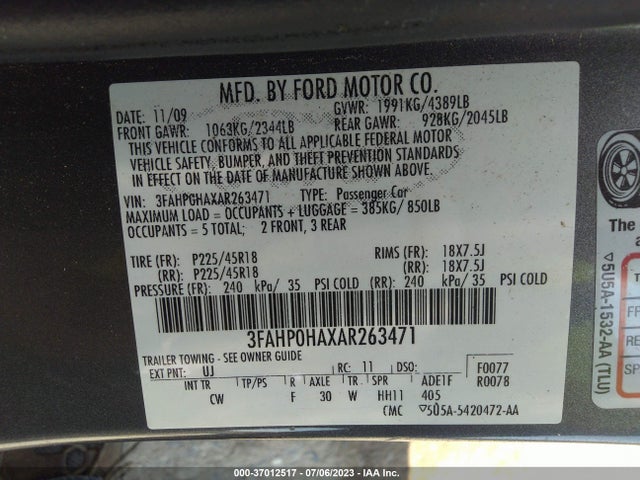 2010 FORD FUSION SE VIN: 3FAHP0HAXAR263471