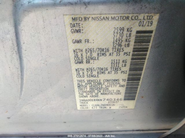 1N6AD0ER4KN740346 Nissan Frontier Sv