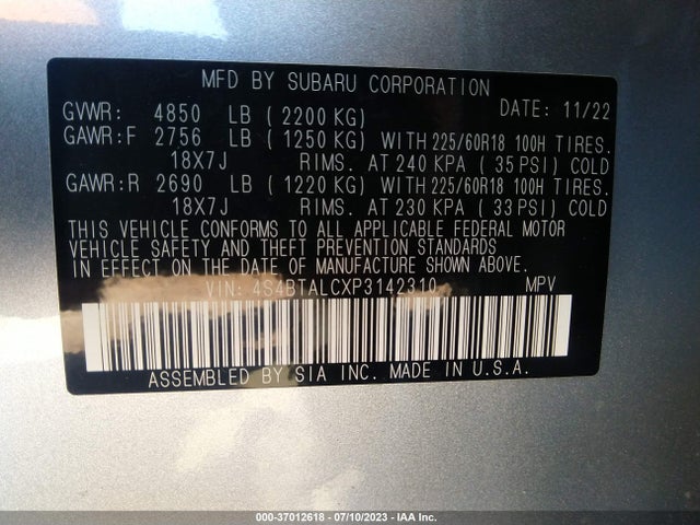 2023 SUBARU OUTBACK ONYX EDITION VIN: 4S4BTALCXP3142310