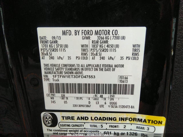 2013 FORD F-150 XL/XLT/FX4/LARIAT VIN: 1FTFW1ET3DFD47553