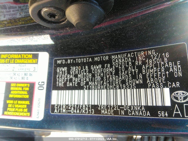 2017 TOYOTA COROLLA L/LE/XLE/SE VIN: 2T1BURHE0HC819335
