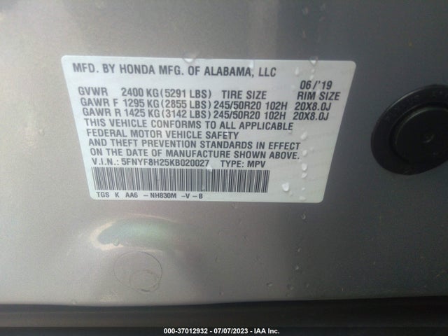 Honda Passport Sport 2019 5FNYF8H25KB020027 Image 9