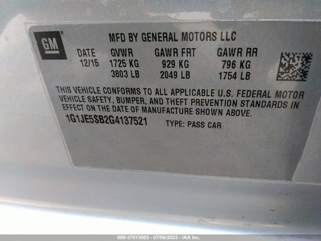 Chevrolet SONIC LTZ 2016 1G1JE5SB2G4137521 Image 9