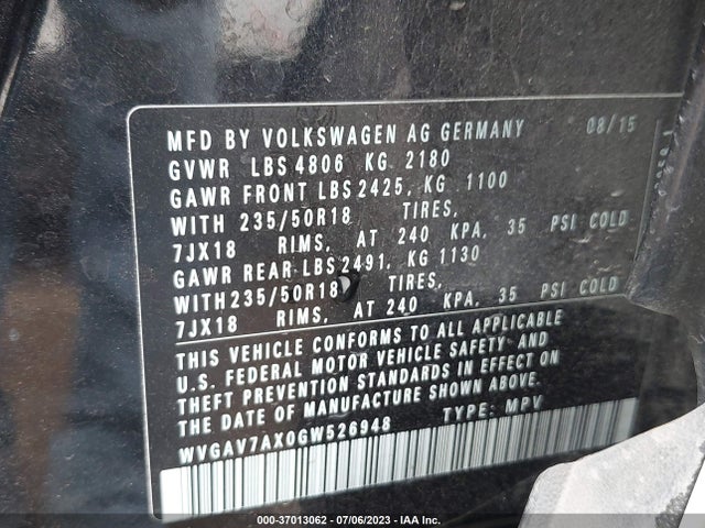 WVGAV7AX0GW526948 Volkswagen TIGUAN SE