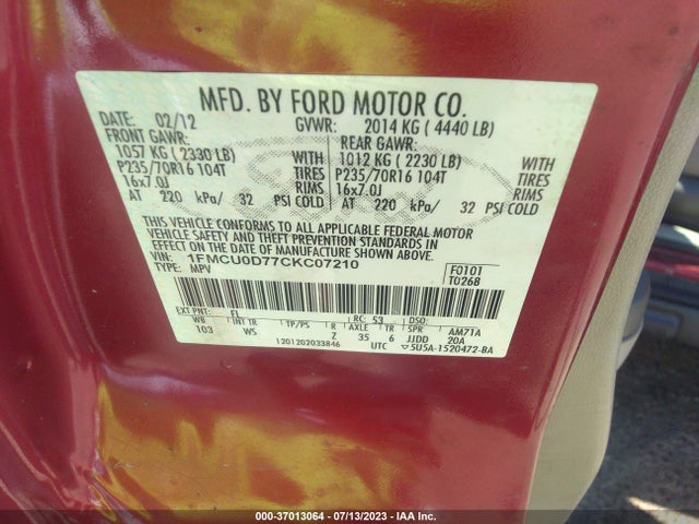 2012 FORD ESCAPE XLT VIN: 1FMCU0D77CKC07210