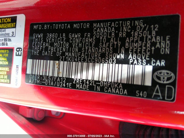 2012 TOYOTA MATRIX L VIN: 2T1KU4EE3CC906503